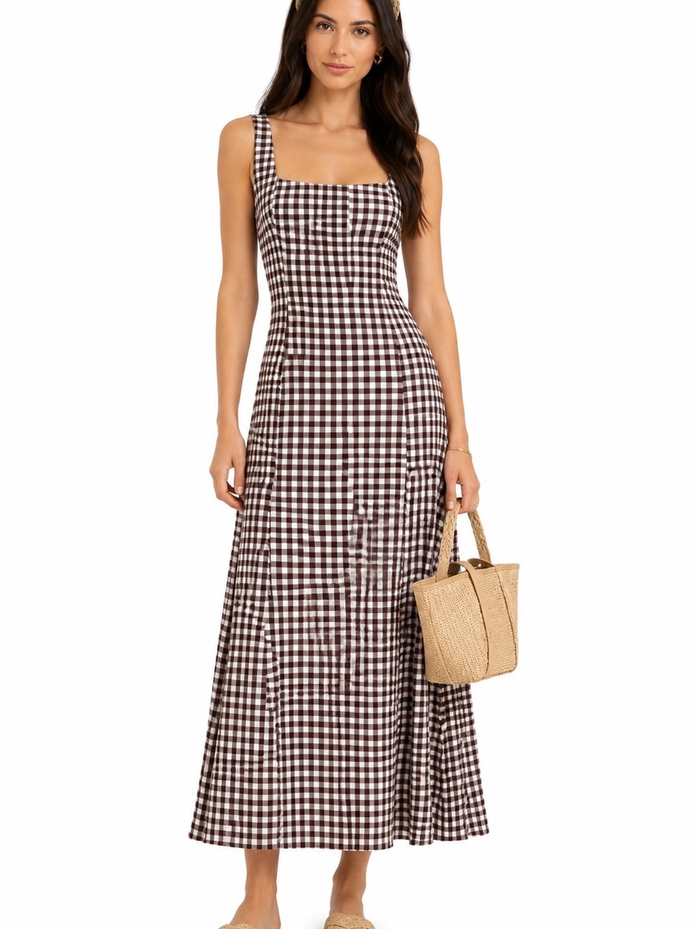 Sleeveless Brown Gingham Midi Dress - Classic Summer Style - Picture 2 of 6